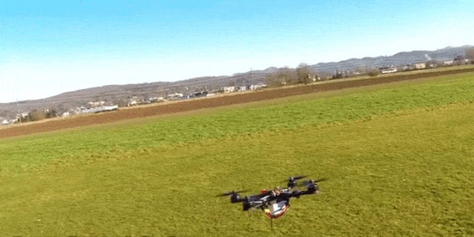 Completed FPV drone flying over a field