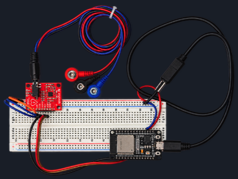 ESP32 and AD8232 breadboard prototype connected to ECG electrode leads