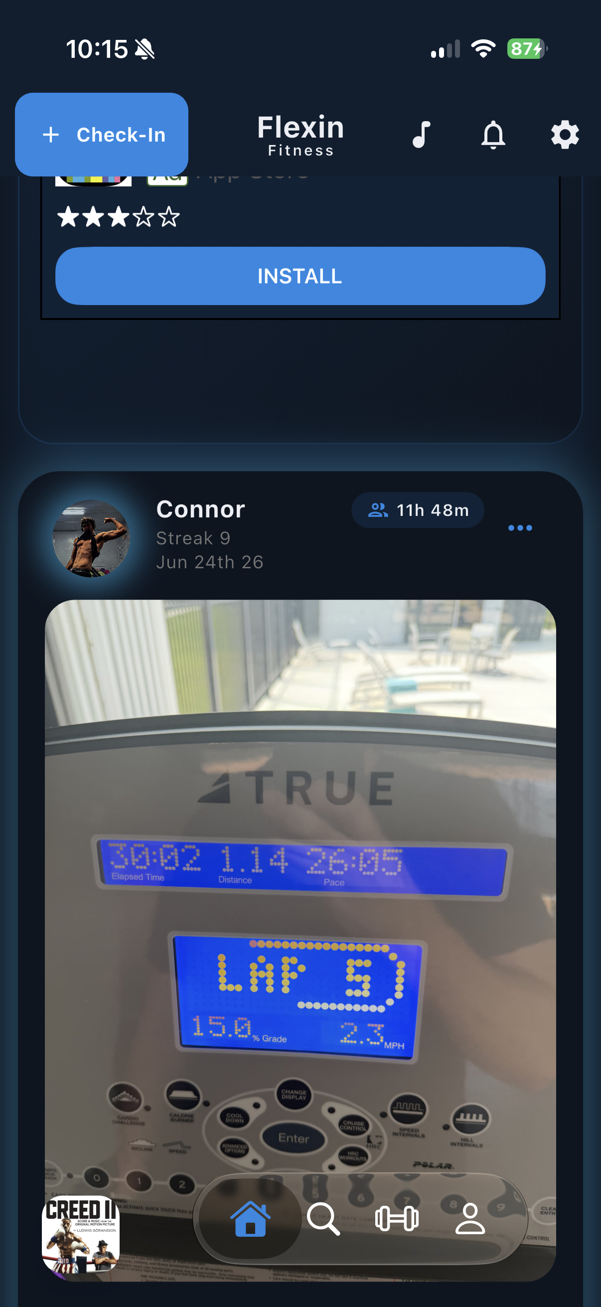 Flexin social feed showing my treadmill workout Check-In
