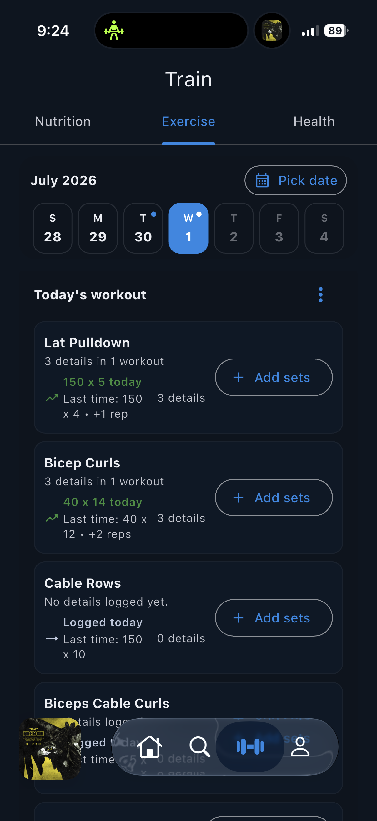 Flexin exercise log with sets, weights, and previous workout results