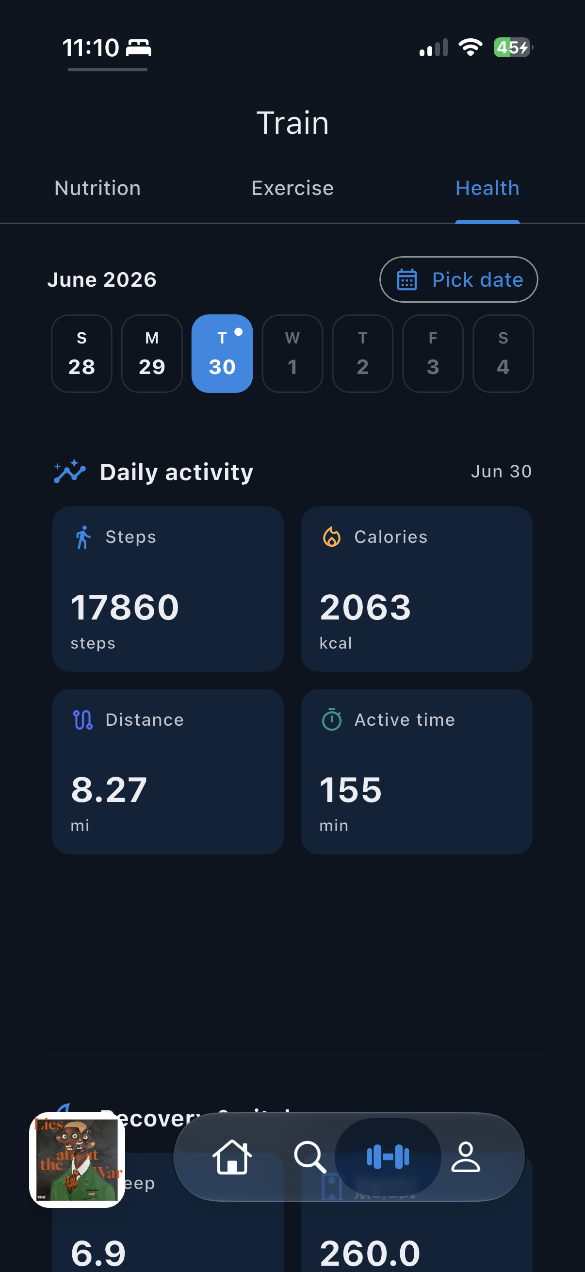 Flexin health dashboard showing steps, calories, distance, and active time