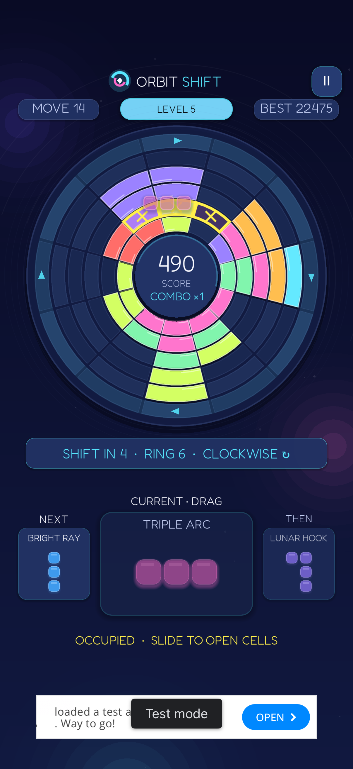 Orbit Shift gameplay showing the six-ring board, score, and upcoming pieces