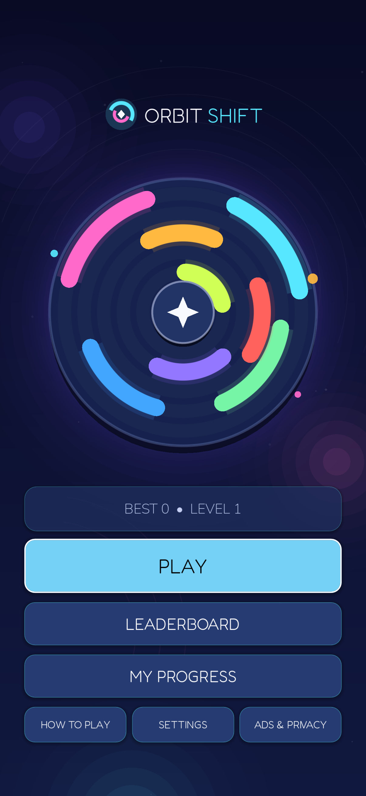 Orbit Shift main menu with Play, Leaderboard, and My Progress