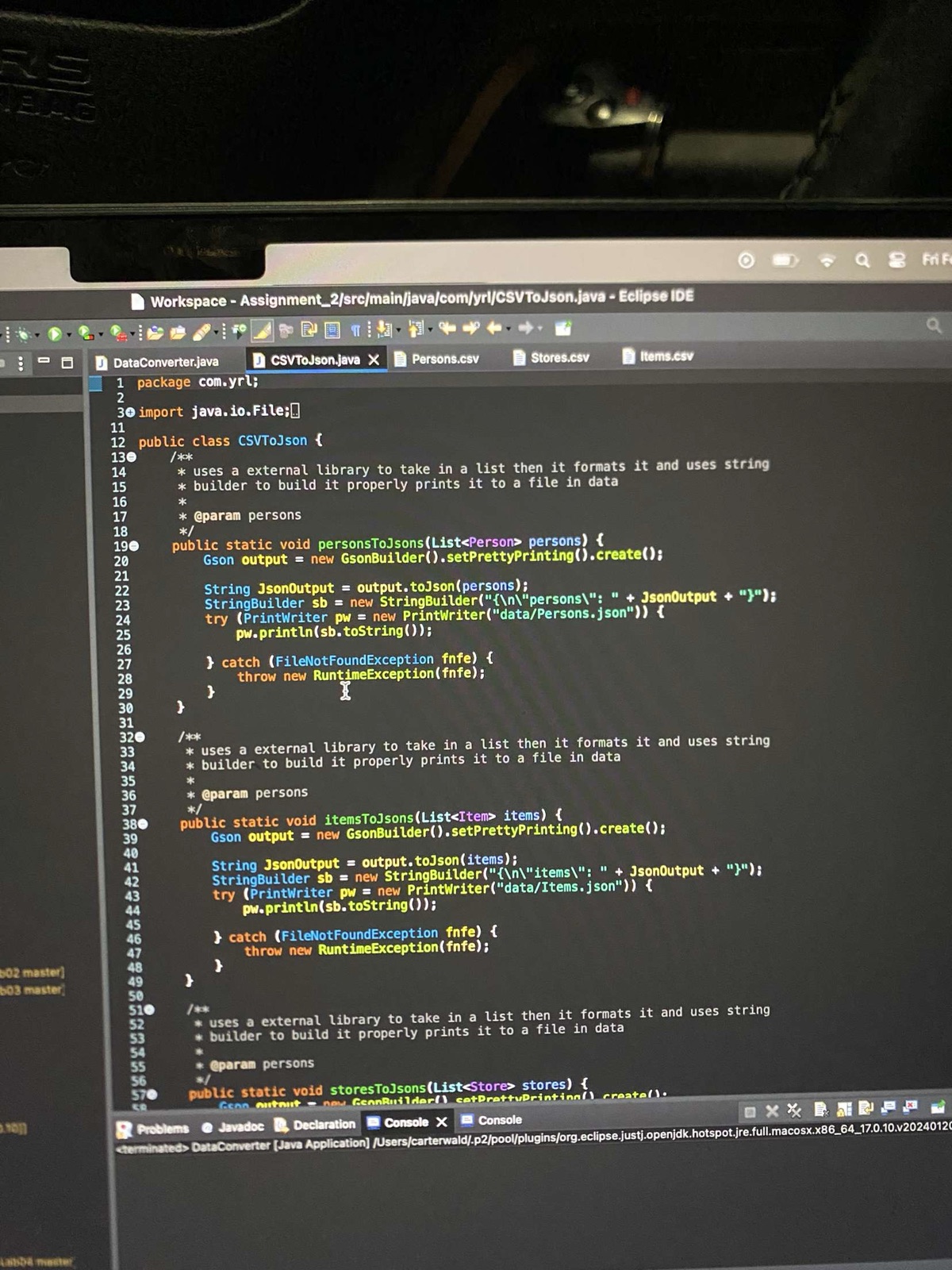 Program output from the Java data project